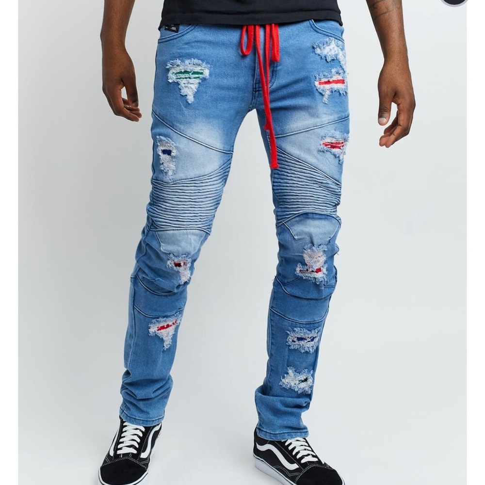 Reason Light Blue Denim Distressed Stretch Style Mens Jeans